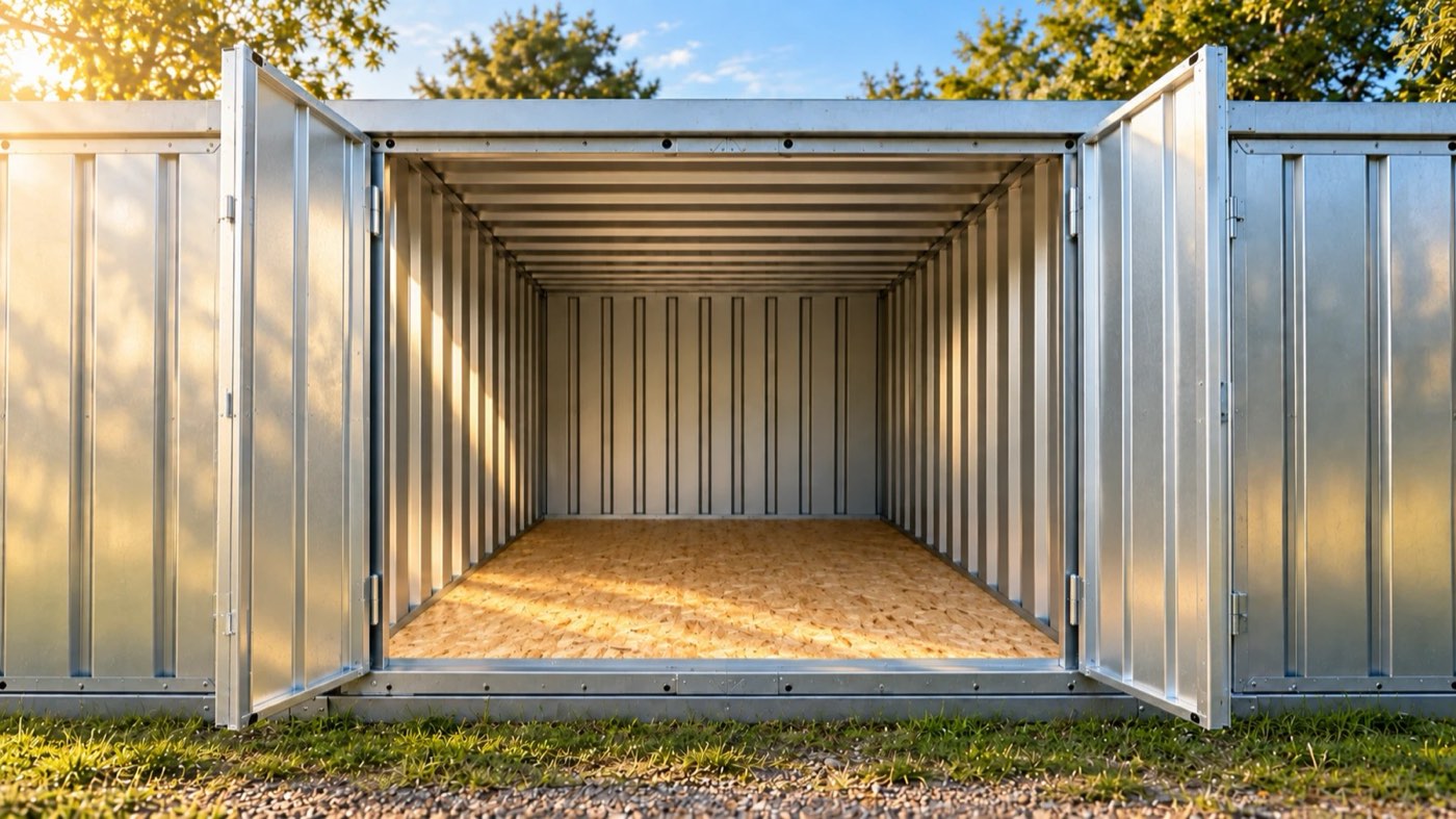 Geöffneter 6 m² Container von MietDirPlatz mit leerem Holzboden
